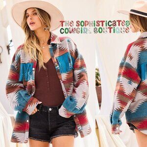 THE SHYSIE WOMENS AZTEC PRINT FRINGED JACKET CREAM NWT